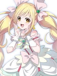 Rule 34 | 1girl, blonde hair, bow, choker, commentary request, cure echo, dress, earrings, highres, jewelry, long hair, magical girl, osarutukamaeru, pink bow, precure, precure all stars, sakagami ayumi, solo, star (symbol), star earrings, swept bangs, twintails, white choker, white dress, yellow eyes
