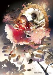 Rule 34 | back-to-back, black footwear, branch, brown eyes, brown hair, deemo, deemo (character), different reflection, dot mouth, dress, floating, flower, full body, girl (deemo), high heels, highres, instrument, layered clothes, long bangs, long hair, long sleeves, looking ahead, looking at viewer, mirror, music, niwa haruki, pantyhose, petticoat, piano keys, playing instrument, pleated dress, red dress, reflection, sidelocks, sleeve cuffs, white flower, white pantyhose
