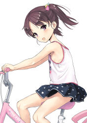 Rule 34 | 1girl, armpits, bicycle, black skirt, blush, brown eyes, brown hair, camisole, clothes writing, flat chest, from side, jiji (aardvark), legs, long hair, looking at viewer, looking to the side, miniskirt, open mouth, original, panties, panty peek, revealing clothes, riding bike, simple background, sitting, skirt, smile, solo, thighs, twintails, underwear, white background, white camisole, wind, wind lift
