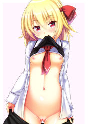 Rule 34 | 1girl, blonde hair, blush, breasts, clothes in mouth, clothes lift, clothes pull, dress shirt, ebi 193, hair ribbon, long sleeves, looking at viewer, mouth hold, navel, necktie, nipples, no bra, no panties, pussy, red eyes, ribbon, rumia, shirt, shirt in mouth, shirt lift, short hair, skirt, skirt pull, small breasts, solo, stomach, touhou, uncensored, undressing