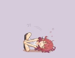 Rule 34 | 1girl, ahoge, arashi (kancolle), barefoot, black shorts, commentary request, closed eyes, facing viewer, full body, grey background, indian style, kantai collection, lying, medium hair, on side, red hair, saiguchi otoufu, short hair, shorts, simple background, sitting, sleepwear, sleepy, solo, tank top, white tank top