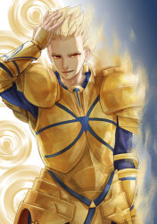 Rule 34 | 1boy, armor, blonde hair, dxc11111, earrings, fate/zero, fate (series), gate of babylon (fate), gilgamesh (fate), hand in own hair, jewelry, male focus, red eyes, solo