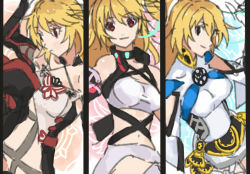 Rule 34 | ahoge, bare shoulders, blonde hair, boots, breasts, choker, detached sleeves, elbow gloves, gloves, long hair, midriff, milla (fractured), milla maxwell, multicolored hair, navel, red eyes, skirt, smile, tales of (series), tales of xillia, tales of xillia 2