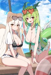 2girls absurdres ahoge animal_ears bare_arms bare_legs bare_shoulders bent_over between_legs bikini bikini_top_only black_bikini black_shorts bracelet breasts cleavage closed_mouth cloud collared_shirt commission crop_top cutoffs day dragon_horns dragon_tail dress_swimsuit eyewear_on_head fang food framed_breasts frilled_one-piece_swimsuit frills green_hair hand_between_legs hand_up heart heart-shaped_eyewear highres holding holding_food holding_popsicle horns innertube jewelry large_breasts micro_shorts midriff multiple_girls one-piece_swimsuit open_fly open_mouth original outdoors popsicle red_eyes second-party_source see-through shirt short_sleeves shorts sidelocks sitting smile squirrel_ears squirrel_tail stomach string_bikini sunglasses sunlight swim_ring swimsuit tail thighs w.k white_hair white_one-piece_swimsuit white_shirt yellow_eyes