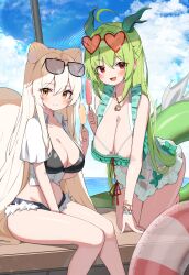 2girls absurdres ahoge animal_ears bare_arms bare_legs bare_shoulders bent_over between_legs bikini bikini_top_only black_bikini black_shorts bracelet breasts cleavage closed_mouth cloud collared_shirt commission crop_top cutoffs day dragon_horns dragon_tail dress_swimsuit eyewear_on_head fang food framed_breasts frilled_one-piece_swimsuit frills green_hair hand_between_legs hand_up heart heart-shaped_eyewear highres holding holding_food holding_popsicle horns innertube jewelry large_breasts micro_shorts midriff multiple_girls one-piece_swimsuit open_fly open_mouth original outdoors popsicle red_eyes second-party_source see-through_clothes shirt short_sleeves shorts sidelocks sitting smile squirrel_ears squirrel_tail stomach string_bikini sunglasses sunlight swim_ring swimsuit tail thighs w.k white_hair white_one-piece_swimsuit white_shirt yellow_eyes