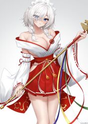 Rule 34 | 1girl, absurdres, azur lane, bare shoulders, bell, blue eyes, breasts, cleavage, collarbone, cowboy shot, dead or alive, dead or alive xtreme, detached sleeves, eyes visible through hair, hair over one eye, hakama, hakama skirt, hand up, highres, hip vent, holding, japanese clothes, jingle bell, kagura suzu, large breasts, light blush, luna (doa), nontraditional miko, parted lips, red hakama, short hair, sidelocks, simple background, skirt, solo, thighs, ueyama 0clock, white background, white hair