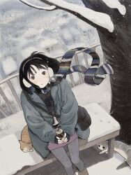 Rule 34 | 1girl, black gloves, black hair, black vest, boots, brown eyes, building, can, cat, commentary, earmuffs, fingerless gloves, gloves, grey jacket, grey pantyhose, highres, holding, holding can, jacket, long hair, long sleeves, looking at viewer, multicolored clothes, multicolored scarf, ooos man, original, outdoors, pantyhose, parted lips, pink skirt, scarf, skirt, snow, snowing, solo, tree, vest, wind