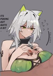 Rule 34 | 1boy, 1girl, animal ears, arknights, breast press, breast rest, breasts, cat ears, censored, closed mouth, clothed female nude male, covered erect nipples, dark-skinned male, dark skin, flying sweatdrops, green eyes, kal&#039;tsit (arknights), large breasts, nude, nuggetkouhai, penis, white hair