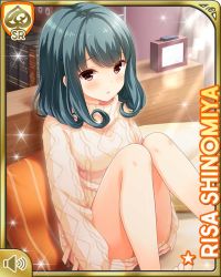 Rule 34 | 1girl, :o, bottomless, brown eyes, card (medium), character name, couch, day, girlfriend (kari), green hair, indoors, jewelry, official art, open mouth, pink sweater, qp:flapper, shinomiya risa, sitting, sweater, tagme