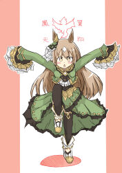 Rule 34 | 1girl, absurdres, ankle boots, ascot, black thighhighs, boots, bow skirt, brown ascot, brown eyes, brown hair, commentary, corset, cropped jacket, ear ornament, frilled footwear, frilled shirt, frilled sleeves, frills, full body, green jacket, green skirt, half updo, high-low skirt, highres, horse girl, jacket, leg up, long hair, long skirt, long sleeves, looking at viewer, multicolored hair, outstretched arms, pose imitation, pose request, satono diamond (umamusume), shikararemimi, shirt, skirt, sleeves past fingers, sleeves past wrists, solo, standing, standing on one leg, streaked hair, thighhighs, umamusume, underbust, white footwear, white hair, white shirt