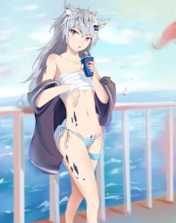 Rule 34 | 1girl, :o, animal ear fluff, animal ears, arknights, bandages, bare shoulders, bikini, bird, blue bikini, blue sky, blush, breasts, chest sarashi, chinese commentary, cleavage, cloud, collarbone, commentary request, cup, day, drinking straw, feet out of frame, grey eyes, groin, hair between eyes, hair ornament, hairclip, hand up, heibaitu, holding, holding cup, jacket, jpeg artifacts, lappland (arknights), long hair, long sleeves, looking at viewer, material growth, midriff, navel, off shoulder, open clothes, open jacket, open mouth, oripathy lesion (arknights), outdoors, pepsi, purple jacket, railing, sarashi, side-tie bottom, silver hair, sky, small breasts, solo, standing, stomach, strapless, striped bikini, striped bikini bottom, striped clothes, swimsuit, thigh strap, thighs, tube top, v-shaped eyebrows, water, wolf ears