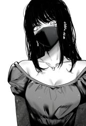 Rule 34 | 1girl, absurdres, bare shoulders, blush, breasts, chainsaw man, cleavage, collarbone, dress, ear piercing, earrings, greyscale, hair between eyes, highres, jewelry, looking at viewer, mask, masoq, medium breasts, medium hair, monochrome, mouth mask, necklace, off-shoulder dress, off shoulder, piercing, sidelocks, simple background, skull necklace, solo, upper body, white background, yoru (chainsaw man)