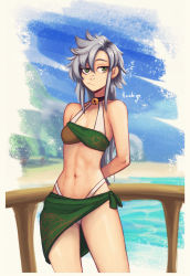 Rule 34 | 1girl, abs, absurdres, arms behind back, artist name, beach, bell, bikini, black choker, blue sky, breasts, choker, closed mouth, commentary, cowboy shot, day, eiyuu densetsu, english commentary, expressionless, falcom, fie claussell, green eyes, highleg, highleg bikini, highres, long hair, looking at viewer, navel, neck bell, ocean, official alternate costume, outdoors, parted bangs, raichiyo33, sarong, sen no kiseki, sen no kiseki iv, sidelocks, signature, silver hair, sky, small breasts, solo, stomach, swimsuit, thighs, toned, water, white bikini