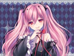 Rule 34 | 1girl, bat hair ornament, black dress, black ribbon, blood, blood from mouth, bow, buttons, detached sleeves, dress, hair ornament, krul tepes, long hair, looking at viewer, owari no seraph, painttool sai (medium), pink hair, pointy ears, red bow, red eyes, red ribbon, ribbon, sasucchi95, sleeveless, sleeveless dress, smile, solo, sparkle