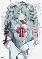 Rule 34 | 1girl, absurdres, bow, bowtie, braid, braided sidelock, commentary, dress, floral background, flower, gradient hair, green eyes, green hair, grey background, grey dress, hair bow, head tilt, highres, long sleeves, multicolored hair, original, red bow, red bowtie, red hair, rose, sailor collar, sidelocks, signature, simple background, solo, symbol-only commentary, toasu, twin braids, white bow, white flower, white rose