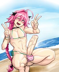 Rule 34 | 1boy, abs, absurdres, astolfo (fate), beach, bikini, braid, double v, earrings, covered erect nipples, erection, fate/apocrypha, fate (series), foreskin, french braid, heart, heart-shaped pupils, highres, jewelry, large penis, long hair, male focus, muscular, navel, ocean, open mouth, nail polish, penis, pink eyes, pink hair, ponytail, precum, ring, side-tie bikini bottom, smile, squatting, swimsuit, symbol-shaped pupils, tammaro, tammdraws, testicles, trap, uvula, v, veins, veiny penis, wristband