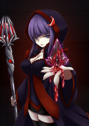 Rule 34 | 1girl, bags under eyes, breasts, cloak, commentary, crystal, dark persona, empty eyes, fingernails, frills, highres, holding, holding staff, hood, inyuppo, large breasts, pale skin, patchouli knowledge, purple eyes, purple hair, sharp fingernails, staff, thighhighs, touhou