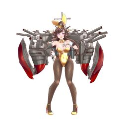 Rule 34 | 1girl, ahoge, alternate costume, animal ears, black pantyhose, bow, bowtie, breasts, brown hair, cannon, detached collar, double bun, fishnet pantyhose, fishnets, full body, gloves, gold bowtie, gold footwear, gold leotard, hair bun, hand on own chest, high heels, kantai collection, kongou (kancolle), large breasts, leotard, long hair, machinery, pantyhose, playboy bunny, purple eyes, rabbit ears, simple background, strapless, strapless leotard, turret, udukikosuke, white background, white gloves, wrist cuffs