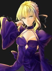 Rule 34 | 1girl, absurdres, adjusting hair, artoria pendragon (all), artoria pendragon (fate), back bow, black background, black bow, blonde hair, bow, breasts, choker, cleavage, closed mouth, collarbone, fate/stay night, fate (series), floating hair, frilled sleeves, frills, hair between eyes, hair bow, highres, long sleeves, looking at viewer, medium breasts, purple bow, purple choker, saber alter, short hair with long locks, shrug (clothing), solo, upper body, wide sleeves, yellow eyes, yuki hikari