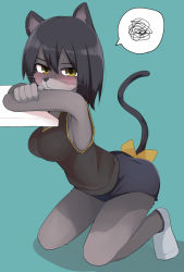 Rule 34 | 1girl, animal ears, armpits, ass, bare shoulders, black hair, black shorts, black skirt, blue background, blush, breasts, brown eyes, cat ears, cat tail, closed mouth, crossed arms, funami yui, large breasts, looking at viewer, looking to the side, shirt, short hair, shorts, sideboob, simple background, sitting, skirt, solo, speech bubble, tail, yuru yuri