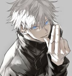 Rule 34 | 1boy, blue eyes, commentary request, gojou satoru, grey background, highres, jujutsu kaisen, long sleeves, looking at viewer, male focus, nozz177, parted lips, short hair, simple background, solo, teeth, upper body, white hair