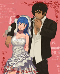 Rule 34 | 1boy, 1girl, arm around shoulder, asymmetrical clothes, blue hair, blush, breasts, bridal gauntlets, brown eyes, corset, couple, dark-skinned male, dark skin, dress, facial hair, flower, frilled skirt, frills, gloves, hand on own chin, height difference, hetero, jacket, leona heidern, long hair, panties, pantyshot, ralf jones, red flower, red rose, rose, shirt, skirt, standing, steward b, stroking own chin, stubble, the king of fighters, unbuttoned, underwear, upskirt, wedding dress, white gloves, white panties