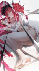 Rule 34 | 1girl, :o, absurdres, ass, baobhan sith (fate), baobhan sith (third ascension) (fate), bare shoulders, barefoot, bracelet, breasts, cleavage, detached sleeves, dress, fangs, fate/grand order, fate (series), flower, frilled hat, frills, full body, grey eyes, haku (liiixixixiii), hat, hat flower, highres, jewelry, legs, long hair, looking at viewer, lying, on side, open mouth, pink hair, pointy ears, revealing clothes, sidelocks, soles, solo, spiked bracelet, spikes, white dress, white hat