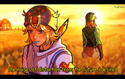 Rule 34 | 2boys, artist name, barn, blonde hair, blue eyes, blue hat, blue lips, brown gloves, commentary, diego brando, elbow gloves, english commentary, english text, feathers, gloves, grass, green sweater, hat, heart, helmet, highres, horseshoe, huyandere, johnny joestar, jojo no kimyou na bouken, letterboxed, male focus, multiple boys, signature, star (symbol), star print, steel ball run, sweater, tall grass, white hood