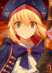 Rule 34 | 1girl, artoria caster (fate), artoria caster (second ascension) (fate), artoria pendragon (all), artoria pendragon (fate), ashes, black gloves, blonde hair, blue bow, blue capelet, blue hat, bow, buttons, capelet, commentary request, dress, embers, eye focus, eye reflection, fate/grand order, fate/stay night, fate (series), gloves, green eyes, hair between eyes, hat, highres, holding, holding staff, long hair, long sleeves, meiji ken, multicolored capelet, parted lips, red capelet, reflection, saber (fate), staff, sword, teeth, twitter username, weapon, white dress