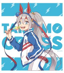 Rule 34 | 1girl, ahoge, alternate hairstyle, animal ears, text background, blue eyes, character name, ear covers, fang, grey hair, hand in pocket, holding, horse ears, horse girl, horse tail, jacket, long hair, long sleeves, nm222hz, open mouth, pants, ponytail, simple background, solo, tail, tamamo cross (umamusume), twitter username, umamusume, upper body, white pants