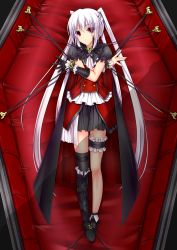 Rule 34 | 10s, 1girl, absurdres, ange vierge, asymmetrical footwear, asymmetrical gloves, asymmetrical legwear, black gloves, black thighhighs, bound, bridal garter, coffin, collar, cuffed, cuffs, frilled thighhighs, frills, full body, gloves, highres, long hair, mismatched footwear, red eyes, shouyan, silver hair, solo, thighhighs, tied up (nonsexual), twintails, uneven gloves, uneven legwear, very long hair