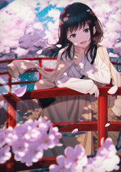 Rule 34 | 1girl, :d, black eyes, black hair, blurry, bridge, cherry blossoms, depth of field, flower, highres, hyuuga azuri, jacket, jacket on shoulders, leaning forward, light rays, long hair, long skirt, looking at viewer, open clothes, open jacket, open mouth, original, outdoors, petals, pink flower, shirt, skirt, smile, solo, standing, sunbeam, sunlight, white shirt, yellow jacket
