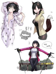 Rule 34 | 1girl, absurdres, animal ears, black gloves, black hair, black pants, black shirt, breasts, cleavage, closed mouth, collarbone, commentary, eighth note, closed eyes, facial mark, fox ears, fox tail, gloves, hair behind ear, highres, jacket, korean text, large breasts, long sleeves, looking at viewer, mac star, medium hair, multiple views, musical note, one eye closed, onesie, original, pajamas, pants, pink jacket, railing, shirt, simple background, ski pole, smile, star (symbol), star facial mark, tail, translation request, white background, white shirt