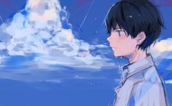 Rule 34 | 1boy, absurdres, black hair, blue eyes, blush, closed mouth, cloud, cloudy sky, dripping, heremia, highres, light rays, male focus, original, outdoors, profile, sketch, sky, solo, upper body, wet