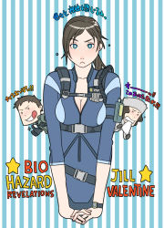 Rule 34 | 1boy, 2girls, blue eyes, blush, breasts, brown hair, capcom, character request, chibi, chibi inset, chris redfield, cleavage, embarrassed, g-room honten, interlocked fingers, jessica sherawat, jill valentine, large breasts, long hair, multiple girls, partially translated, ponytail, resident evil, resident evil: revelations, short sleeves, thumbs up, translation request, watch, wristwatch