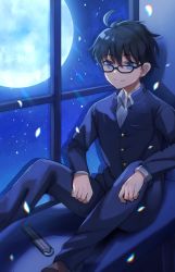 Rule 34 | 1boy, ahoge, black-framed eyewear, black hair, blue jacket, blue pants, buttons, closed mouth, collared shirt, commentary request, feet out of frame, glasses, grey eyes, hair between eyes, highres, indoors, jacket, knife, long sleeves, looking at viewer, male focus, mixgrill, moon, moonlight, night, night sky, pants, petals, pocket, school uniform, shirt, short hair, sitting, sky, smile, solo, tohno shiki, tsukihime, tsukihime (remake), uniform, weapon, white shirt, window