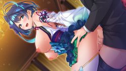 Rule 34 | 1girl, antenna hair, asahina hikage, baffu, blue eyes, blue hair, breasts, breasts out, censored, clothed sex, clothes lift, detached sleeves, embarrassed, frilled skirt, frills, from below, game cg, groin, highres, indoors, japanese clothes, karen aoi, large breasts, legs, maokatsu! maou to yuusha no idol seikatsu, matching hair/eyes, mosaic censoring, nipples, no panties, open mouth, original, penis, pussy, reverse upright straddle, sex, sex from behind, short hair, side ponytail, skirt, skirt lift, sweat, thighhighs, thighs, vaginal