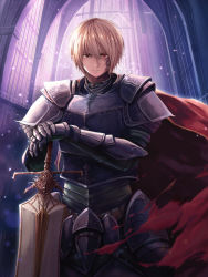 Rule 34 | 10s, 1boy, arch, armor, blonde hair, breastplate, brown eyes, cape, chain chronicle, cowboy shot, faulds, gauntlets, hand on hilt, heterochromia, indoors, light particles, looking at viewer, male focus, oukatihiro, pauldrons, red eyes, scar, scar on face, shoulder armor, solo, sword, tattoo, weapon
