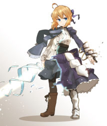 Rule 34 | 1girl, ahoge, amonitto, armor, artoria pendragon (all), artoria pendragon (fate), asymmetrical clothes, asymmetrical footwear, blonde hair, blue eyes, boots, fate/stay night, fate (series), gauntlets, juliet sleeves, long sleeves, looking at viewer, mismatched footwear, official alternate costume, pantyhose, puffy sleeves, saber (fate), scarf, shirt, skirt, solo