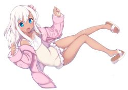 Rule 34 | 10s, 1girl, ariyoshi gen, bare legs, bikini, blue eyes, crop top, feet, flower, frilled bikini, frills, full body, hair flower, hair ornament, jacket, kantai collection, long hair, long sleeves, looking at viewer, one-piece swimsuit, one-piece tan, open clothes, open jacket, open mouth, pink jacket, ro-500 (kancolle), sandals, simple background, smile, solo, swimsuit, tan, tanline, white bikini, white hair, white one-piece swimsuit