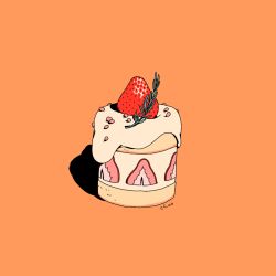 Rule 34 | artist name, cake, choo, dessert, food, food focus, fruit, highres, leaf, no humans, orange background, original, shadow, signature, simple background, strawberry, strawberry shortcake
