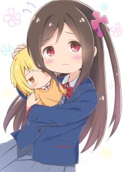 Rule 34 | 1girl, absurdres, blazer, blue jacket, blush, bow, brown hair, character doll, commentary request, doll, esureki, floral background, flower, flying sweatdrops, grey skirt, hair flower, hair ornament, highres, hitori bocchi, hitoribocchi no marumaru seikatsu, holding, holding doll, jacket, long hair, looking at viewer, red bow, red eyes, school uniform, shirt, skirt, solo, sunao nako, very long hair, wavy mouth, white shirt