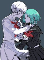Rule 34 | 2others, alternate costume, antarcticite, blue eyes, contemporary, finger to mouth, green eyes, green hair, grey eyes, hair between eyes, houseki no kuni, looking at another, multiple others, phosphophyllite, retto, sailor collar, school uniform, short hair, skirt, white hair