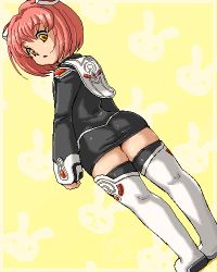 Rule 34 | 00s, 1girl, arched back, ass, boots, dress, from behind, isu, looking back, lowres, m.o.m.o., oekaki, pink hair, short dress, short hair, solo, thigh boots, thighhighs, thighs, tight clothes, tight dress, when you see it, white thighhighs, xeno (series), xenosaga, xenosaga episode i, yellow eyes
