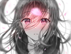 Rule 34 | 1girl, blush, bow, bowtie, commentary request, emphasis lines, glowing, hair between eyes, highres, looking at viewer, original, parted lips, partially colored, petals, portrait, purple eyes, sakura (39ra), simple background, solo, white background