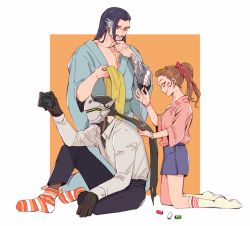 Rule 34 | 1girl, 2boys, alternate costume, alternate hairstyle, arm tattoo, bad id, bad twitter id, beard, black hair, black pants, brothers, brown eyes, brown hair, cellphone, closed mouth, collarbone, collared shirt, cyborg, d.va (overwatch), earrings, facial hair, fingernails, from side, genji (overwatch), hair ornament, hair ribbon, hairclip, hanzo (overwatch), holding, holding phone, japanese clothes, jewelry, kimono, knee up, kneehighs, kneeling, long hair, long sleeves, mask, multiple boys, mustache, nail polish, needle, overwatch, overwatch 1, pants, phone, pink lips, ponytail, purple hair, purple skirt, red nails, red ribbon, reunggoo, ribbon, shirt, siblings, sitting, skirt, sleeves past elbows, smartphone, smile, socks, stitches, striped clothes, striped socks, tattoo, thread, unbuttoned, unbuttoned shirt, veil, white shirt, white socks, wristband
