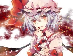 Rule 34 | 1girl, ascot, bat wings, blood, blood on face, blue hair, blush, bow, dress, fang, female focus, hand to own mouth, hat, hat bow, hat ribbon, looking at viewer, miya (tsumazukanai), open mouth, purple hair, red eyes, remilia scarlet, ribbon, short hair, smile, solo, touhou, upper body, wings, wrist cuffs