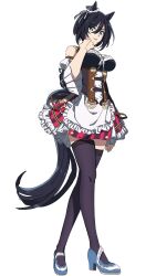 Rule 34 | 1girl, animal ears, apron, arm at side, bare shoulders, black hair, black thighhighs, blue eyes, blue footwear, breasts, clenched hand, detached sleeves, dirndl, eishin flash (umamusume), frilled apron, frills, full body, german clothes, hair between eyes, hand up, high heels, highres, horse ears, horse girl, horse tail, looking at viewer, medium breasts, miniskirt, open mouth, shirt, short hair, simple background, skirt, sleeveless, sleeveless shirt, solo, tail, thighhighs, umamusume, uzura (uzrtamago), walking, white background