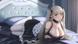 Rule 34 | 1girl, azur lane, bare shoulders, bed frame, bed sheet, between breasts, black bow, black dress, blanket, blush, bow, breasts, brown hair, cleavage, closed mouth, clothing cutout, commentary request, curtains, detached collar, dress, expressionless, formidable (azur lane), frilled dress, frills, full body, gan-viking, hair bow, highres, indoors, large breasts, long hair, long sleeves, looking at viewer, on bed, pantyhose, pillow, red eyes, shoulder cutout, solo, twintails, very long hair, white pantyhose