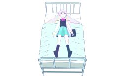 Rule 34 | 1girl, alternate costume, bed, black socks, blue hair, bow, hatsune miku, highres, light blue hair, long hair, looking at viewer, low twintails, mask, mouth mask, pencil, pink bow, pink eyes, pinocchio-p, school uniform, sick sick sick (vocaloid), simple background, skirt, socks, solo, twintails, very long hair, vocaloid